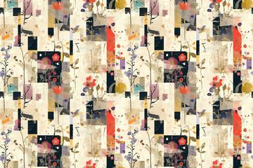 Fototapeta premium An abstract, colorful pattern with various shapes and textures, including flowers. The seamless design is modern and artistic, perfect for creative projects.