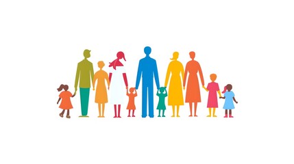 Multigenerational Family Holding Hands, Colorful Silhouette, Unity and Diversity Concept
