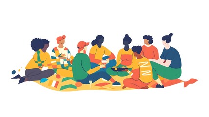 Diverse Group of Friends Having Picnic on Colorful Blanket, Flat Vector Illustration
