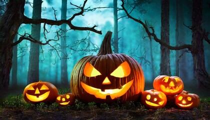 Halloween pumpkins in the forest at night.Halloween background with Evil Pumpkin , generated by AI