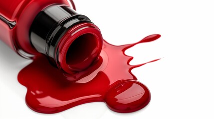 Bottle, brush and spilled red nail polish isolated on white, top view