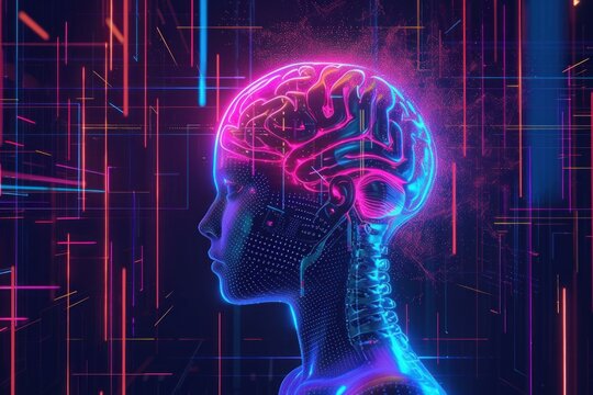 Glowing digital brain in a cybernetic head profile against a cool neon matrix background