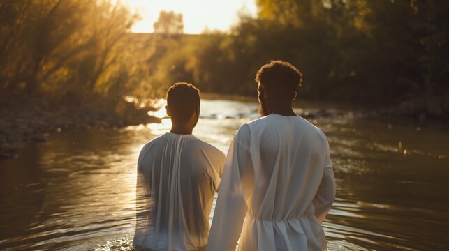Baptism. Two black men in white standing in a river. Close-up in the sunrays