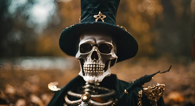 Spooky skeleton in a top hat and cape poses in autumn leaves, perfect for halloween decor. Detailed skull and bone close-up create a dark, gothic vibe