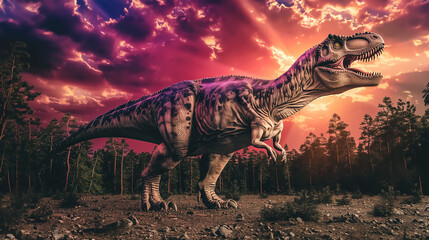 tyrannosaurus in prehistoric forest, dinosaurs in Jurassic, T-rex under sunrise or sunset,  dusk or dawn