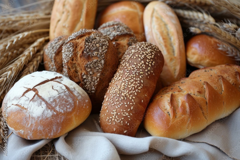 Poster assorted artisan bread loaves in a rustic basket with a linen cloth