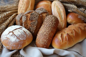 Assorted artisan bread loaves in a rustic basket with a linen cloth