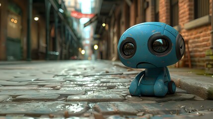 Adorable blue robot in a cobblestone alley, ideal for sci-fi themes, character design, and futuristic concepts.