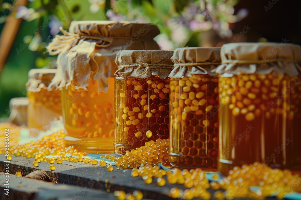 Poster a row of jars filled with honey and a pile of yellow beads. the jars are arranged in a neat row, wit