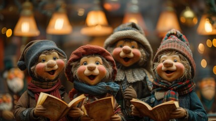 Fototapeta premium Three figurines of three people with hats and scarves holding books, Christmas holiday
