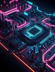 Obraz premium Computer Motherboard With Pink and Blue Neon Lights, electronic circuit board