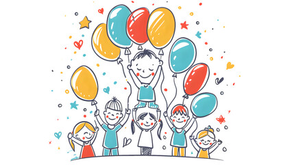 Freindship Day, Youth Day, Cheerful background with doodles of friends making a human pyramid, laughing, and holding balloons, isolated on white