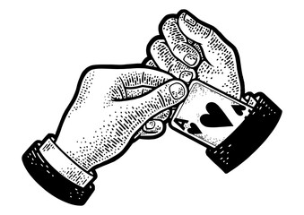 Card sharp cheater with ace card in the sleeve sketch engraving PNG illustration. T-shirt apparel print design. Scratch board imitation. Black and white hand drawn image.