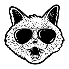 Cat head face in sunglasses sketch engraving PNG illustration. T-shirt apparel print design. Scratch board imitation. Black and white hand drawn image.