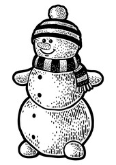 snowman sketch engraving PNG illustration. T-shirt apparel print design. Scratch board imitation. Black and white hand drawn image.