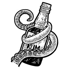 octopus tentacle with a bottle of rum sketch engraving PNG illustration. T-shirt apparel print design. Scratch board imitation. Black and white hand drawn image. © Oleksandr Pokusai