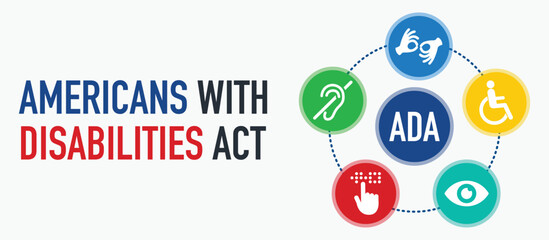 Americans with Disability Act. ADA is a civil rights law that prohibits discrimination based on disability.Vector illustration