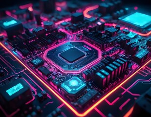 Computer Motherboard With Pink and Blue Neon Lights, electronic circuit board
