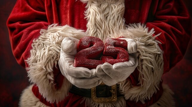Close up of santa claus hands holding 25 symbol, signifying new year and future concepts