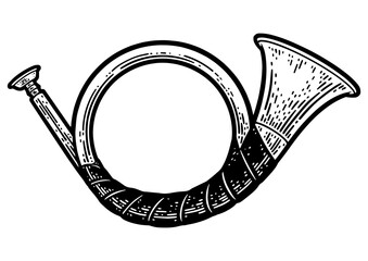 Blowing hunting horn sketch engraving PNG illustration. T-shirt apparel print design. Scratch board imitation. Black and white hand drawn image. © Oleksandr Pokusai