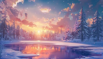Fototapeta premium Anime lake winter forest background sunset, anime style cartoon