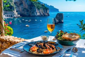 Seafood Experience: Relish a Generous Serving of Risotto ai Frutti di Mare with Shrimp, Mussels, and Calamari on the Stunning Amalfi Coast Terrace.

