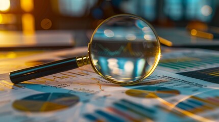 Magnifying glass papers full of graphs and documents generative ai