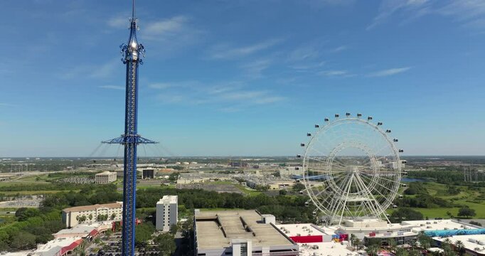 Entertainment District in Orlando, Florida. Ferris wheel and swing ride at ICON Park on International Drive. American travel destination