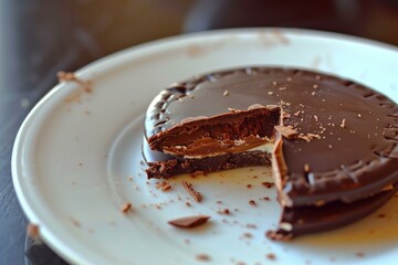 Partially eaten chocolate alfajor with layers visible, on a white plate