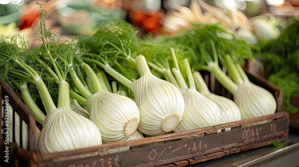 Poster a crate of white onions sits on a table. the onions are fresh and green, and they are arranged in a 