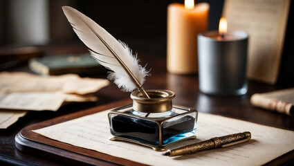 Vintage Writing Desk with Quill and Ink Bottle