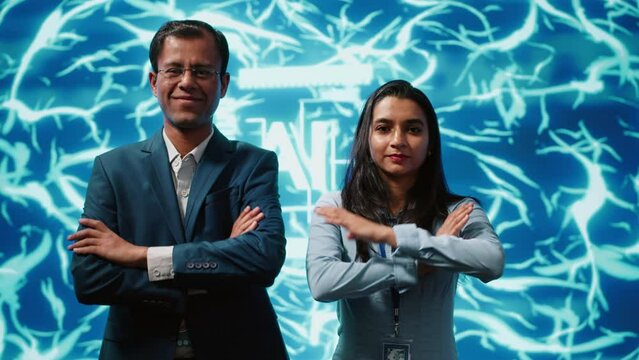 Portrait of smiling team of technicians implementing artificial intelligence parallel processing, breaking up complex computational tasks enabling AI systems to process data faster, camera A