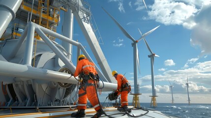 engineers working on the base of an offshore wind turbine generative ai