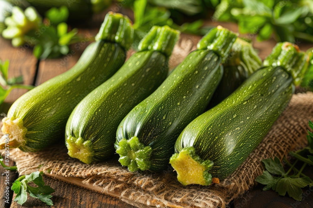 Poster a bunch of green zucchini on a table. the zucchini are all different sizes and are arranged in a row