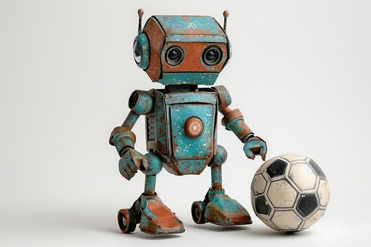 Retro old robot football player playing soccer ball, illustration isolated on white background