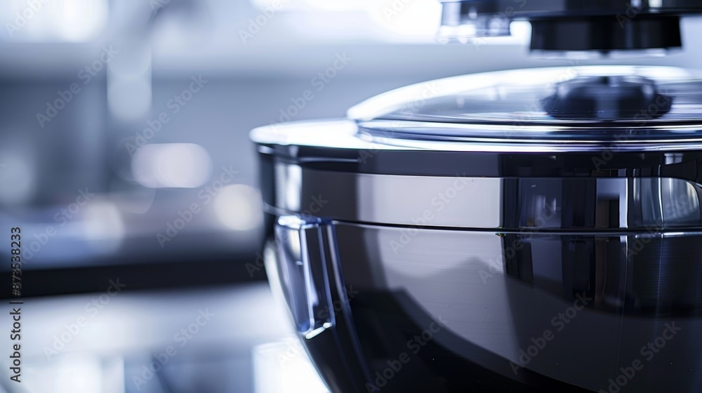 Poster the sleek and modern design of the food processor with its smooth curves and glossy finish making it
