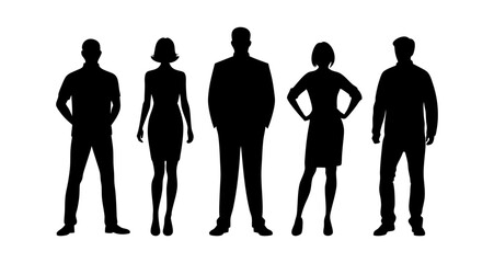 Vector silhouettes of young men and women in office clothes, 5 adults