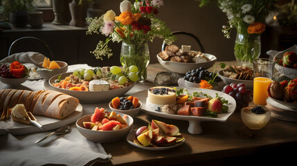 Fototapeta premium A table full of gourmet food in an organised and elegant way with candles and beautiful colours.