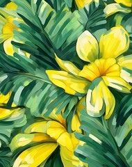 Obraz premium pattern dynamic and playful elements geometric shapes floral yellow and green. High quality photo