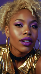 Obraz premium Extreme Close Up Confident Happy African American Woman with Blonde Hair Hoop Earrings Gold Lame Jacket
