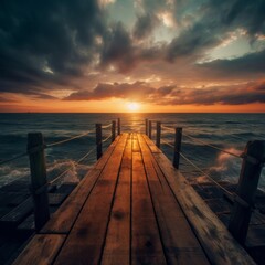 Fototapeta premium A wooden pier stretches into the ocean under a colorful afterglow sky at dusk, creating a stunning landscape against the sunset horizon