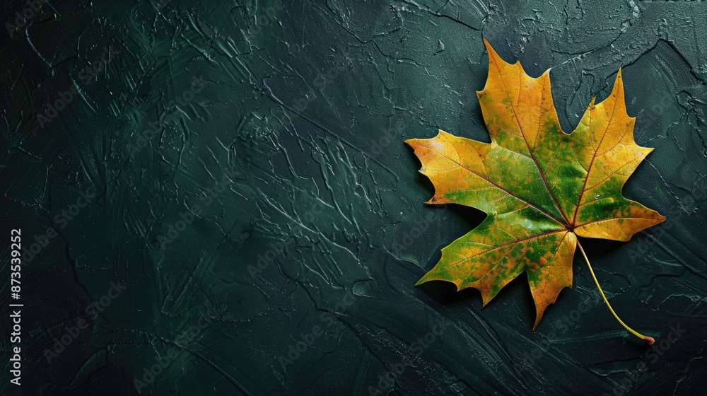 Poster maple leaf in yellowish green on dark backdrop with space for text