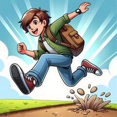 Concept 'Hit the Ground Running', a guy landing on the ground running after jumping from a height.