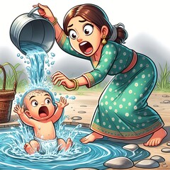 Expression 'Throwing the Baby Out with the Bathwater', a mother pouring out bathwater along with her baby, looking shock