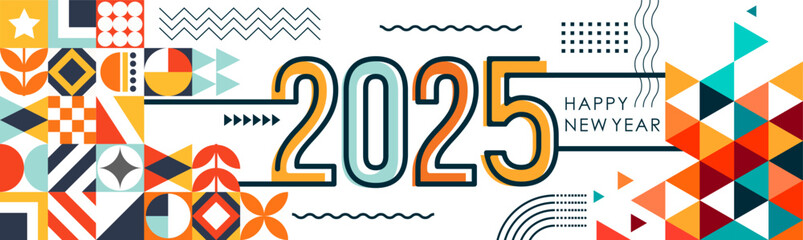 happy new year 2025 text design with modern calligraphy and abstract geometric background style. Creative Greeting card banner for 2025 colorful lines. Latest Vector illustration.