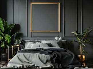 Sleek gray bedroom with plants, golden frame on the wall and grey bed with black blanket in modern home interior photography