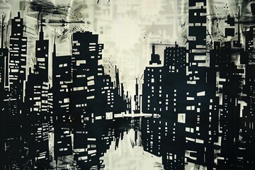 Abstract urban cityscape painting with black and white skyscrapers reflecting in water, showcasing modern architecture and design.