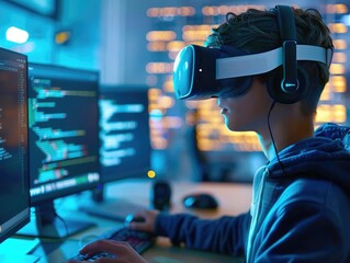 Teen programmer coding in a virtual reality environment, immersive tech learning, future developer