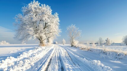 Obraz premium Winter Beauty: Snow-Covered Landscape and Blue Sky