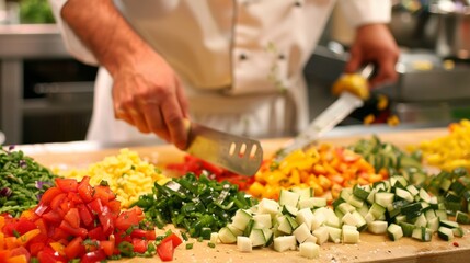 An array of colorful vegetables carefully arranged on a ting board as a chef shows the proper technique for julienning.